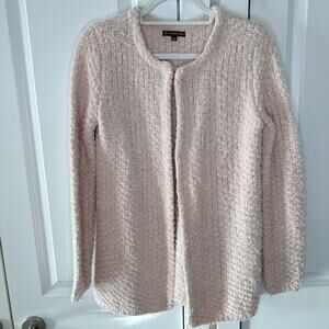 ADRIANNA PAPELL Blush Pink Open Front Clasp Fuzzy Knit Cardigan Sweater | Large